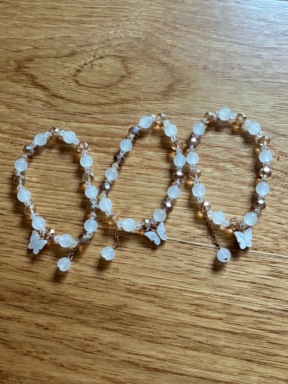3 White Bead & Gold  glass bead Crystal Butterfly Bracelet - Women Jewelry